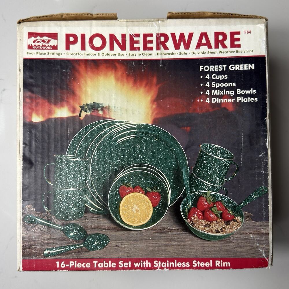 GSI Outdoors Pioneerware 16-Piece Enamelware Table Set Forest Green Camping New